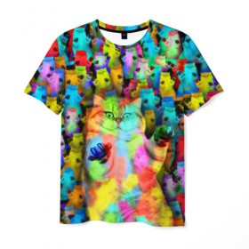 Мужская футболка 3D с принтом Котики на дискотеке , 100% полиэфир | прямой крой, круглый вырез горловины, длина до линии бедер | кошки | паттерн | психоделика | разноцветный | яркий