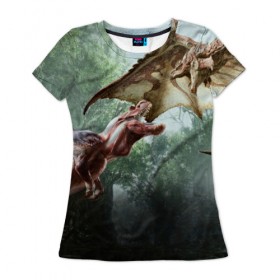 Женская футболка 3D с принтом Monster Hunter , 100% полиэфир ( синтетическое хлопкоподобное полотно) | прямой крой, круглый вырез горловины, длина до линии бедер | gamer | mhr | monster hunter | динозавр | дракон