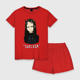 Женская пижама с шортиками хлопок с принтом Sarcasm , 100% хлопок | футболка прямого кроя, шорты свободные с широкой мягкой резинкой | аниме | красный | сарказм | стиль | тренд