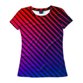 Женская футболка 3D с принтом Градиентные линии , 100% полиэфир ( синтетическое хлопкоподобное полотно) | прямой крой, круглый вырез горловины, длина до линии бедер | абстракция | градиент | красный | линии | полосы | синий | темный | цвет