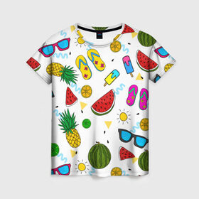 Женская футболка 3D с принтом Летняя , 100% полиэфир ( синтетическое хлопкоподобное полотно) | прямой крой, круглый вырез горловины, длина до линии бедер | hot | lemon | summer | sun | ананас | арбуз | жара | курорт | лайм | лето | лимон | море | мороженое | отдых | очки | пляж | солнце