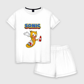 Женская пижама с шортиками хлопок с принтом Sonic , 100% хлопок | футболка прямого кроя, шорты свободные с широкой мягкой резинкой | hedgehog | knuckles | sega | sonic | super | tails | ёжик | ехидна | лисенок | лисица | наклз | сега | соник | супер | суперёжик | тэилз | тэилс