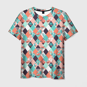 Мужская футболка 3D с принтом Фламинго , 100% полиэфир | прямой крой, круглый вырез горловины, длина до линии бедер | Тематика изображения на принте: пальмы | птица | разноцветная | розовый | розовый фламинго | ромбики | тропики | фламинго | цветная