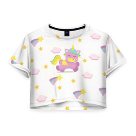 Женская футболка 3D укороченная с принтом Розовый единорог , 100% полиэстер | круглая горловина, длина футболки до линии талии, рукава с отворотами | единорог | звезда | легенда | лошадь | милые | миф | радуга | рог | символ | сказка | существо | яркие