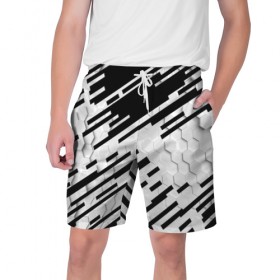 Мужские шорты 3D с принтом HEXAGON - Black and White ,  полиэстер 100% | прямой крой, два кармана без застежек по бокам. Мягкая трикотажная резинка на поясе, внутри которой широкие завязки. Длина чуть выше колен | 
