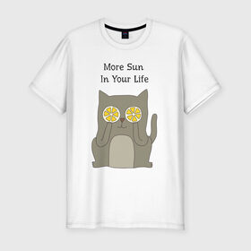 Мужская футболка премиум с принтом More Sun In Your Life , 92% хлопок, 8% лайкра | приталенный силуэт, круглый вырез ворота, длина до линии бедра, короткий рукав | Тематика изображения на принте: cat | lemon | summer | кот | котэ | кошка | лето | лимон | солнце | сочный