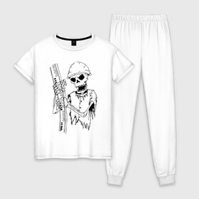 Женская пижама хлопок с принтом Скелетон геодезист (черн ) , 100% хлопок | брюки и футболка прямого кроя, без карманов, на брюках мягкая резинка на поясе и по низу штанин | Тематика изображения на принте: геодезист | геодезия | скелет
