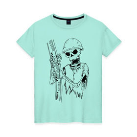Женская футболка хлопок с принтом Скелетон геодезист (черн.) , 100% хлопок | прямой крой, круглый вырез горловины, длина до линии бедер, слегка спущенное плечо | геодезист | геодезия | скелет