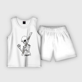 Детская пижама с шортами хлопок с принтом Скелетон геодезист 2 (черн.) ,  |  | Тематика изображения на принте: surveyor | геодезист | геодезия | скелет