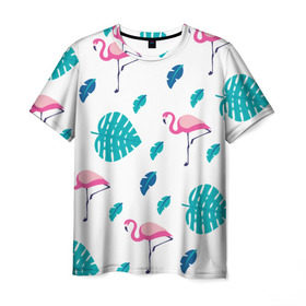 Мужская футболка 3D с принтом Розовый фламинго , 100% полиэфир | прямой крой, круглый вырез горловины, длина до линии бедер | 