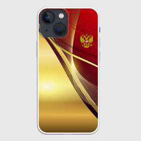 Чехол для iPhone 13 mini с принтом RUSSIA SPORT: Red and Gold. ,  |  | Тематика изображения на принте: abstract | design | geometry | hexagon | red and black | russia | sport | texture | абстракция | геометрия | герб | дизайн | патриот | патриотизм | россия | русский | соты | спорт | текстура | шестиугольники