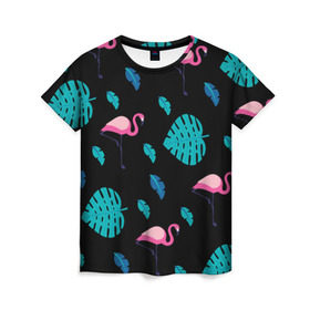 Женская футболка 3D с принтом Узор из фламинго , 100% полиэфир ( синтетическое хлопкоподобное полотно) | прямой крой, круглый вырез горловины, длина до линии бедер | Тематика изображения на принте: африка | крылья | мода | прикольные | природа | птица | розовый | фламинго | цвет | яркие