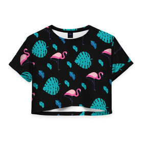 Женская футболка Cropp-top с принтом Узор из фламинго , 100% полиэстер | круглая горловина, длина футболки до линии талии, рукава с отворотами | африка | крылья | мода | прикольные | природа | птица | розовый | фламинго | цвет | яркие