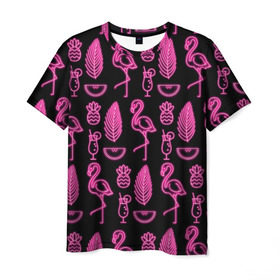 Мужская футболка 3D с принтом Светящийся фламинго , 100% полиэфир | прямой крой, круглый вырез горловины, длина до линии бедер | африка | крылья | мода | прикольные | природа | птица | розовый | фламинго | цвет | яркие