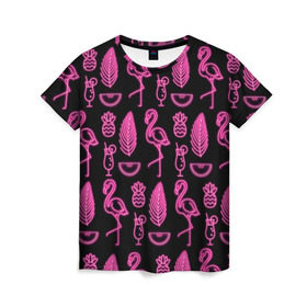 Женская футболка 3D с принтом Светящийся фламинго , 100% полиэфир ( синтетическое хлопкоподобное полотно) | прямой крой, круглый вырез горловины, длина до линии бедер | африка | крылья | мода | прикольные | природа | птица | розовый | фламинго | цвет | яркие