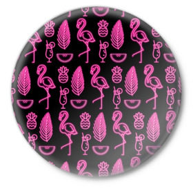 Значок с принтом Светящийся фламинго ,  металл | круглая форма, металлическая застежка в виде булавки | Тематика изображения на принте: африка | крылья | мода | прикольные | природа | птица | розовый | фламинго | цвет | яркие