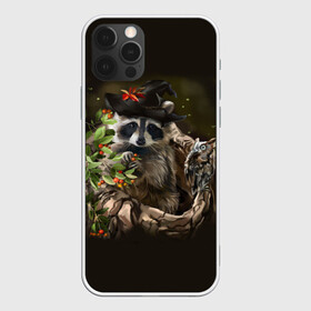 Чехол для iPhone 12 Pro с принтом Енот и сова , силикон | область печати: задняя сторона чехла, без боковых панелей | дерево | енот | животные | лес | птицы | сова | шляпа