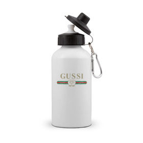 Бутылка спортивная с принтом Gussi , металл | емкость — 500 мл, в комплекте две пластиковые крышки и карабин для крепления | ga ga ga | gang | gucci | guchi | guci | gusi | gussi | га га га | гуси | гусси | гучи | гуччи | модный гусь