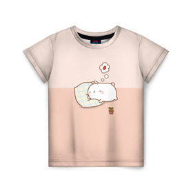 Детская футболка 3D с принтом Molang Сладкий Сон , 100% гипоаллергенный полиэфир | прямой крой, круглый вырез горловины, длина до линии бедер, чуть спущенное плечо, ткань немного тянется | kawaii | аниме | зайчик | зая | заяц | каваи | клубника | мимими | моланг | розовый | сон