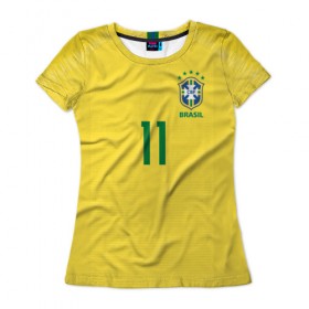 Женская футболка 3D с принтом Coutinho home WC 2018 , 100% полиэфир ( синтетическое хлопкоподобное полотно) | прямой крой, круглый вырез горловины, длина до линии бедер | brazil | coutinho | cup champions | league | world | бразилия | коутиньо