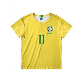 Детская футболка 3D с принтом Coutinho home WC 2018 , 100% гипоаллергенный полиэфир | прямой крой, круглый вырез горловины, длина до линии бедер, чуть спущенное плечо, ткань немного тянется | brazil | coutinho | cup champions | league | world | бразилия | коутиньо