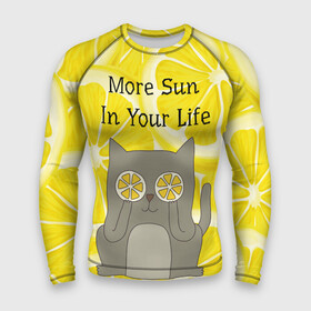 Мужской рашгард 3D с принтом More Sun In Your Life ,  |  | Тематика изображения на принте: cat | kitty | lemon | lemonade | limon | pussycat | summer | жара | желтый | кот | котенок | котики | котэ | кошка | лемон | лемонад | лето | лимон | лимонад | позитив | серый | сок | солнце | сочный | фрукт | цитрус | черный | яркий