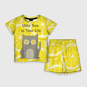 Детский костюм с шортами 3D с принтом More Sun In Your Life ,  |  | cat | kitty | lemon | lemonade | limon | pussycat | summer | жара | желтый | кот | котенок | котики | котэ | кошка | лемон | лемонад | лето | лимон | лимонад | позитив | серый | сок | солнце | сочный | фрукт | цитрус | черный | яркий