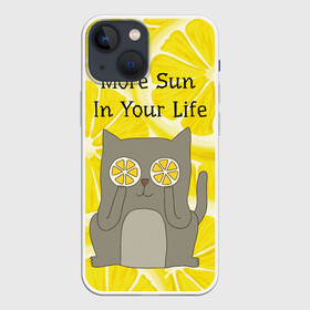 Чехол для iPhone 13 mini с принтом More Sun In Your Life ,  |  | Тематика изображения на принте: cat | kitty | lemon | lemonade | limon | pussycat | summer | жара | желтый | кот | котенок | котики | котэ | кошка | лемон | лемонад | лето | лимон | лимонад | позитив | серый | сок | солнце | сочный | фрукт | цитрус | черный | яркий