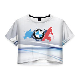 Женская футболка 3D укороченная с принтом BMW BRAND SPORT , 100% полиэстер | круглая горловина, длина футболки до линии талии, рукава с отворотами | 