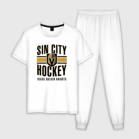 Мужская пижама хлопок с принтом Sin City Hockey , 100% хлопок | брюки и футболка прямого кроя, без карманов, на брюках мягкая резинка на поясе и по низу штанин
 | Тематика изображения на принте: nhl | stanley cup | vegas golden knights | vegas knights | вегас голден найтс | вегас найтс | кубок стенли | кубок стэнли | нхл | хоккей | хоккейный клуб