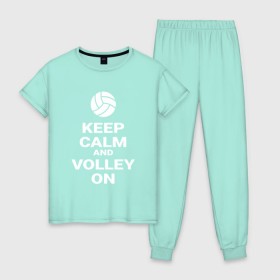 Женская пижама хлопок с принтом Keep calm and volley on , 100% хлопок | брюки и футболка прямого кроя, без карманов, на брюках мягкая резинка на поясе и по низу штанин | Тематика изображения на принте: sport | volleyball | волейбол | спорт
