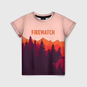 Детская футболка 3D с принтом FIREWATCH , 100% гипоаллергенный полиэфир | прямой крой, круглый вырез горловины, длина до линии бедер, чуть спущенное плечо, ткань немного тянется | art | campo santo | firewatch | game | горы | закат | игра | лес | пейзаж | пожарный дозор | солнце | холмы