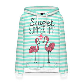 Женская толстовка 3D с принтом Sweet Summer Time , 100% полиэстер  | двухслойный капюшон со шнурком для регулировки, мягкие манжеты на рукавах и по низу толстовки, спереди карман-кенгуру с мягким внутренним слоем. | Тематика изображения на принте: animal | art | flamingo | love | pink | summer | sweet | time | арт | белый | бирюзовый | жара | животное | лето | любовь | матроска | полоски | рисунок | розовый | роман | сердечки | сердце | серый | фламинго | черный