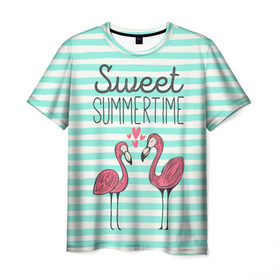 Мужская футболка 3D с принтом Sweet Summer Time , 100% полиэфир | прямой крой, круглый вырез горловины, длина до линии бедер | Тематика изображения на принте: animal | art | flamingo | love | pink | summer | sweet | time | арт | белый | бирюзовый | жара | животное | лето | любовь | матроска | полоски | рисунок | розовый | роман | сердечки | сердце | серый | фламинго | черный