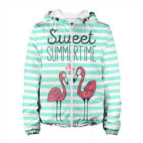 Женская куртка 3D с принтом Sweet Summer Time , ткань верха — 100% полиэстер, подклад — флис | прямой крой, подол и капюшон оформлены резинкой с фиксаторами, два кармана без застежек по бокам, один большой потайной карман на груди. Карман на груди застегивается на липучку | animal | art | flamingo | love | pink | summer | sweet | time | арт | белый | бирюзовый | жара | животное | лето | любовь | матроска | полоски | рисунок | розовый | роман | сердечки | сердце | серый | фламинго | черный