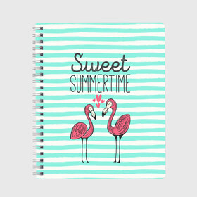 Тетрадь с принтом Sweet Summer Time , 100% бумага | 48 листов, плотность листов — 60 г/м2, плотность картонной обложки — 250 г/м2. Листы скреплены сбоку удобной пружинной спиралью. Уголки страниц и обложки скругленные. Цвет линий — светло-серый
 | Тематика изображения на принте: animal | art | flamingo | love | pink | summer | sweet | time | арт | белый | бирюзовый | жара | животное | лето | любовь | матроска | полоски | рисунок | розовый | роман | сердечки | сердце | серый | фламинго | черный