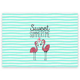 Поздравительная открытка с принтом Sweet Summer Time , 100% бумага | плотность бумаги 280 г/м2, матовая, на обратной стороне линовка и место для марки
 | animal | art | flamingo | love | pink | summer | sweet | time | арт | белый | бирюзовый | жара | животное | лето | любовь | матроска | полоски | рисунок | розовый | роман | сердечки | сердце | серый | фламинго | черный