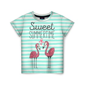 Детская футболка 3D с принтом Sweet Summer Time , 100% гипоаллергенный полиэфир | прямой крой, круглый вырез горловины, длина до линии бедер, чуть спущенное плечо, ткань немного тянется | animal | art | flamingo | love | pink | summer | sweet | time | арт | белый | бирюзовый | жара | животное | лето | любовь | матроска | полоски | рисунок | розовый | роман | сердечки | сердце | серый | фламинго | черный