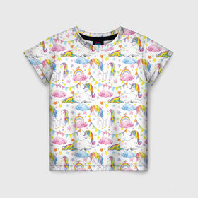 Детская футболка 3D с принтом Акварельные Единороги , 100% гипоаллергенный полиэфир | прямой крой, круглый вырез горловины, длина до линии бедер, чуть спущенное плечо, ткань немного тянется | unicorn | единорог | единорожка | мимими | радуга