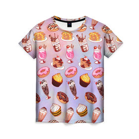 Женская футболка 3D с принтом Очень Сладкий Паттерн , 100% полиэфир ( синтетическое хлопкоподобное полотно) | прямой крой, круглый вырез горловины, длина до линии бедер | блины | вкусняшка | еда | кекс | клубника | коктейль | мороженое | панкейк | пончик | сладости