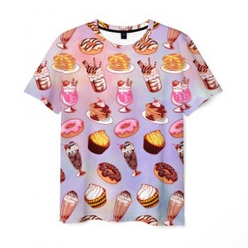 Мужская футболка 3D с принтом Очень Сладкий Паттерн , 100% полиэфир | прямой крой, круглый вырез горловины, длина до линии бедер | Тематика изображения на принте: блины | вкусняшка | еда | кекс | клубника | коктейль | мороженое | панкейк | пончик | сладости