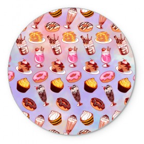 Коврик круглый с принтом Очень Сладкий Паттерн , резина и полиэстер | круглая форма, изображение наносится на всю лицевую часть | Тематика изображения на принте: блины | вкусняшка | еда | кекс | клубника | коктейль | мороженое | панкейк | пончик | сладости