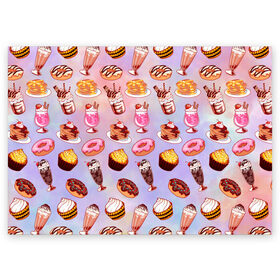 Поздравительная открытка с принтом Очень Сладкий Паттерн , 100% бумага | плотность бумаги 280 г/м2, матовая, на обратной стороне линовка и место для марки
 | блины | вкусняшка | еда | кекс | клубника | коктейль | мороженое | панкейк | пончик | сладости