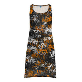 Платье-майка 3D с принтом Jump da f#ck up! , 100% полиэстер | полуприлегающий силуэт, широкие бретели, круглый вырез горловины, удлиненный подол сзади. | slipknot | soulfly | u rban | белый | графити | граффити | камуфляж | надпись | оранжевый | черный