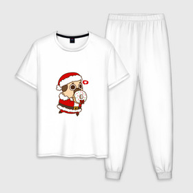 Мужская пижама хлопок с принтом Puglie Pug Новогодний , 100% хлопок | брюки и футболка прямого кроя, без карманов, на брюках мягкая резинка на поясе и по низу штанин
 | 2019 | kawaii | злюка | каваи | мопс | новый год | пес | пончик | собака