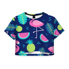Женская футболка 3D укороченная с принтом Фламинго , 100% полиэстер | круглая горловина, длина футболки до линии талии, рукава с отворотами | flamingo | ананас | арбуз | летние | летняя | лето | листья | текстура | фламинго | фрукты