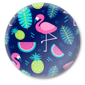 Значок с принтом Фламинго ,  металл | круглая форма, металлическая застежка в виде булавки | flamingo | ананас | арбуз | летние | летняя | лето | листья | текстура | фламинго | фрукты