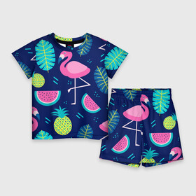 Детский костюм с шортами 3D с принтом Фламинго ,  |  | flamingo | ананас | арбуз | летние | летняя | лето | листья | текстура | фламинго | фрукты