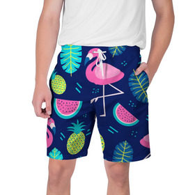 Мужские шорты 3D с принтом Фламинго ,  полиэстер 100% | прямой крой, два кармана без застежек по бокам. Мягкая трикотажная резинка на поясе, внутри которой широкие завязки. Длина чуть выше колен | flamingo | ананас | арбуз | летние | летняя | лето | листья | текстура | фламинго | фрукты