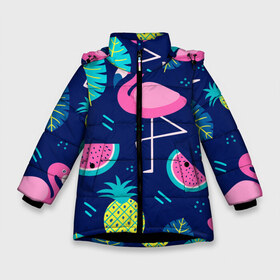 Зимняя куртка для девочек 3D с принтом Фламинго , ткань верха — 100% полиэстер; подклад — 100% полиэстер, утеплитель — 100% полиэстер. | длина ниже бедра, удлиненная спинка, воротник стойка и отстегивающийся капюшон. Есть боковые карманы с листочкой на кнопках, утяжки по низу изделия и внутренний карман на молнии. 

Предусмотрены светоотражающий принт на спинке, радужный светоотражающий элемент на пуллере молнии и на резинке для утяжки. | flamingo | ананас | арбуз | летние | летняя | лето | листья | текстура | фламинго | фрукты